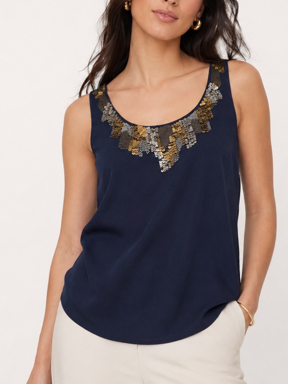 Banana Republic Heritage Navy Sequin Embellished Tank Top Minimalist Chic Large